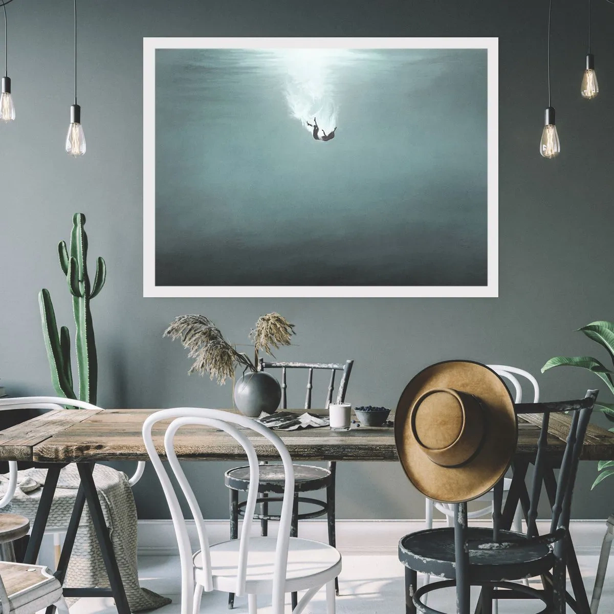 Poster - Eine Figur, eingetaucht in tiefes, türkisfarbenes Wasser - 100x70cm - In den Armen des Ozeans - Moderne Wanddekoration für Wohnzimmer und Schlafzimmer ARTTOR