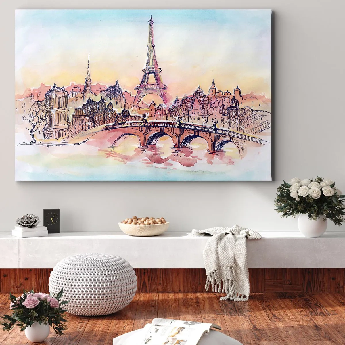 Bild auf Leinwand - Leinwandbild - Aquarellpanorama von Paris mit dem Eiffelturm bei Sonnenuntergang - 120x80cm - Die einzige Stadt dieser Art auf der Welt - Moderne Wanddekoration für Wohnzimmer und Schlafzimmer ARTTOR