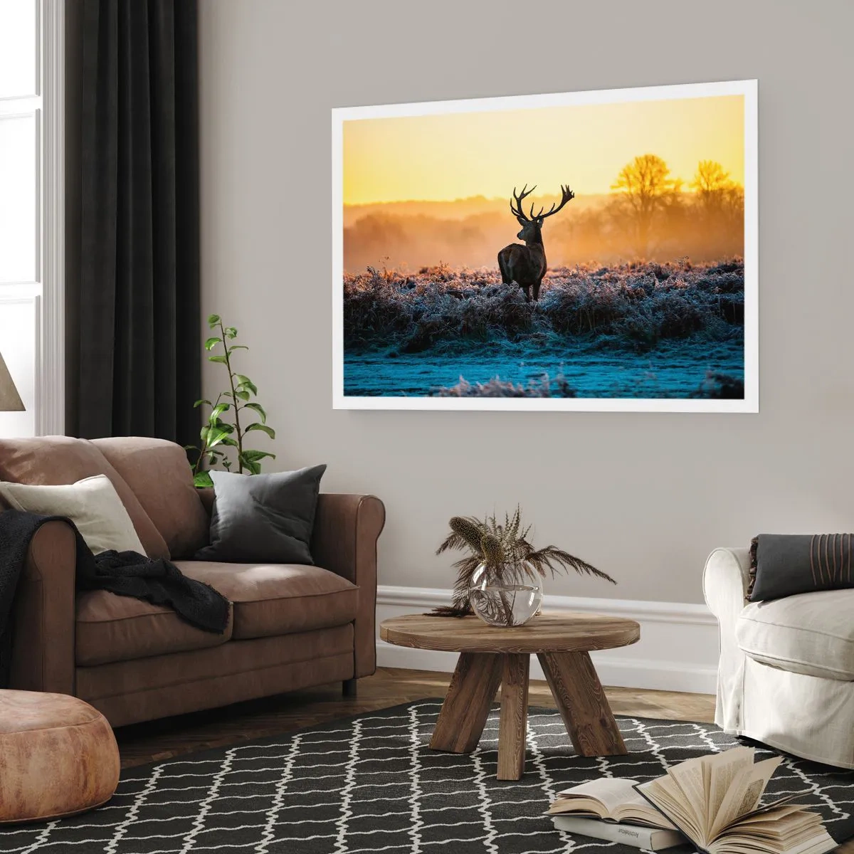 Poster - Ein Reh auf einer frostigen Lichtung bei Sonnenaufgang - 100x70cm - Gekrönt auf seinem Besitz - Moderne Wanddekoration für Wohnzimmer und Schlafzimmer ARTTOR