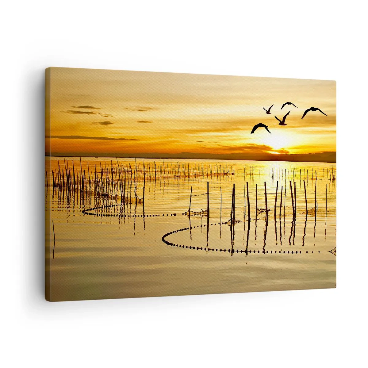 Bild auf Leinwand - Leinwandbild - Sonnenuntergang über dem Wasser mit Vögeln im Flug - 70x50cm - In der Fischerei - Moderne Wanddekoration für Wohnzimmer und Schlafzimmer ARTTOR