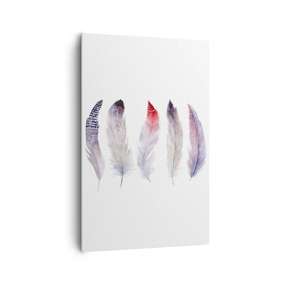 Bild auf Leinwand - Leinwandbild - Fünf zarte Federn in Pastelltönen auf hellem Untergrund - 80x120cm - Zart wie mehrfarbiger Nebel - Moderne Wanddekoration für Wohnzimmer und Schlafzimmer ARTTOR