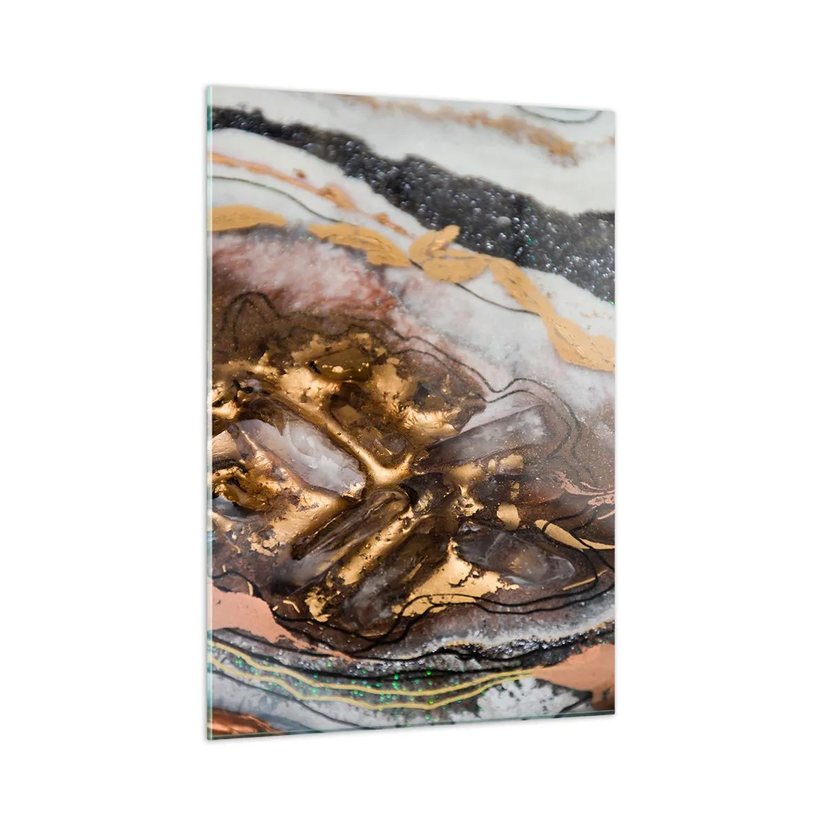 Glasbild - Bild auf glas - Ein abstraktes Gemälde in Gold-, Braun- und Weißtönen mit einer mineralähnlichen Textur. - 50x70cm - Das Element der Erde - Moderne Wanddekoration für Wohnzimmer und Schlafzimmer ARTTOR