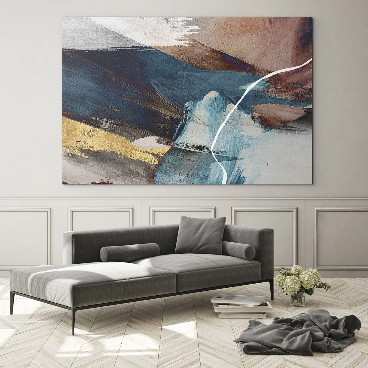 Glasbild - Bild auf glas - Eine abstrakte Komposition in Türkis, Gold und Braun. - 120x80cm - Großzügig und mit Energie - Moderne Wanddekoration für Wohnzimmer und Schlafzimmer ARTTOR