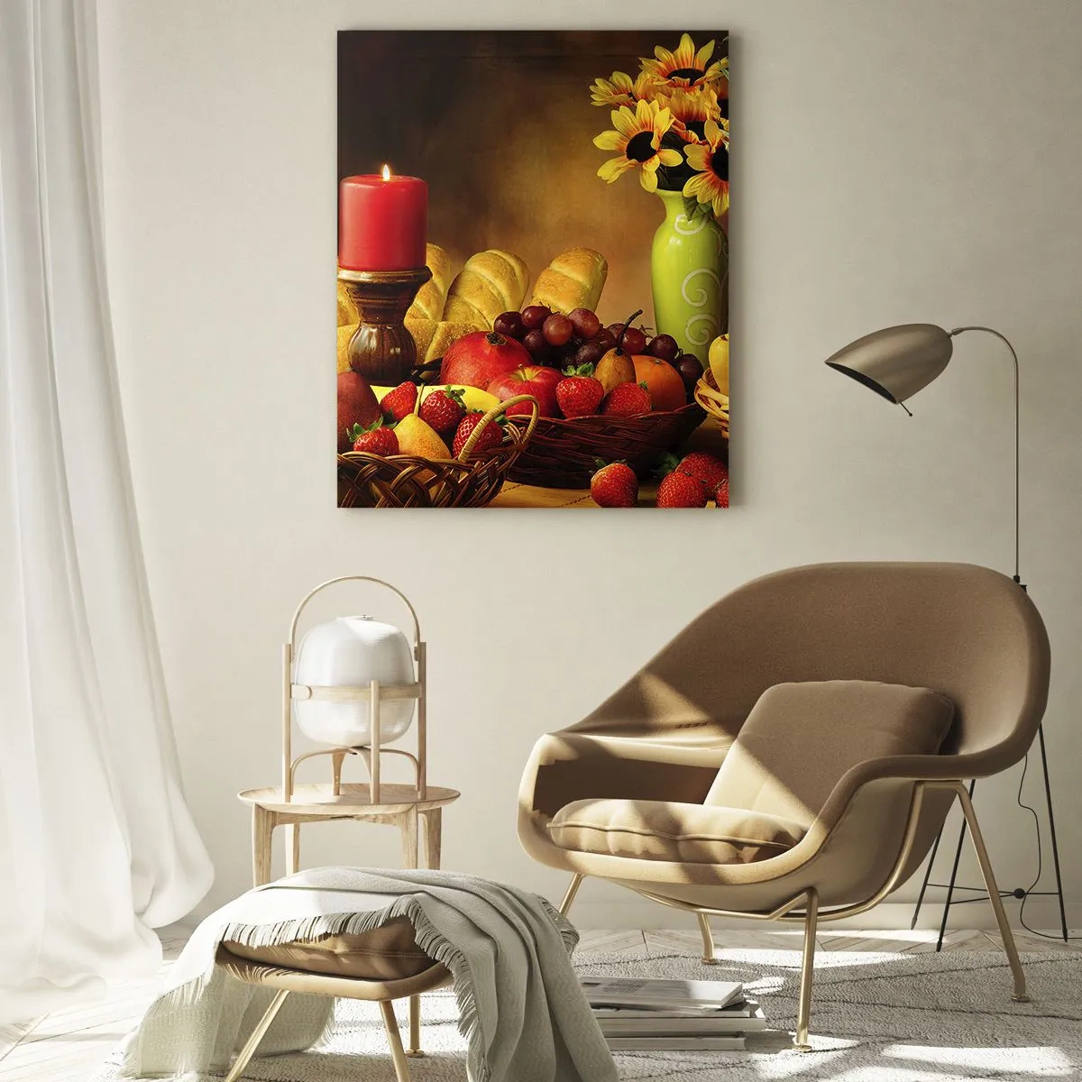 Glasbild - Bild auf glas - Eine Komposition aus Obst, Brot und einer Kerze im rustikalen Stil - 50x70cm - Stillleben mit Brot und Obst - Moderne Wanddekoration für Wohnzimmer und Schlafzimmer ARTTOR
