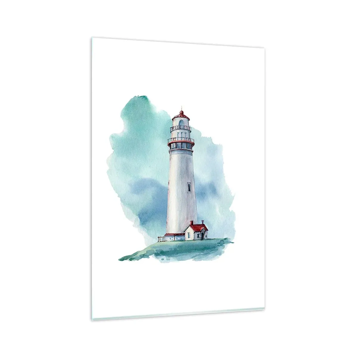 Glasbild - Bild auf glas - Ein Leuchtturm vor einem aquarellblauen Hintergrund - 80x120cm - Sanfte Schwester vom Blau - Moderne Wanddekoration für Wohnzimmer und Schlafzimmer ARTTOR