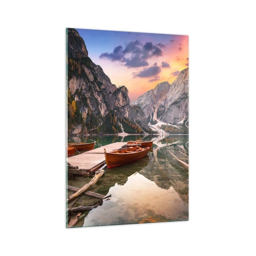 Glasbild - Bild auf glas - Bergsee mit Booten bei Sonnenuntergang - 70x100cm - Versprechen des Tages - Moderne Wanddekoration für Wohnzimmer und Schlafzimmer ARTTOR