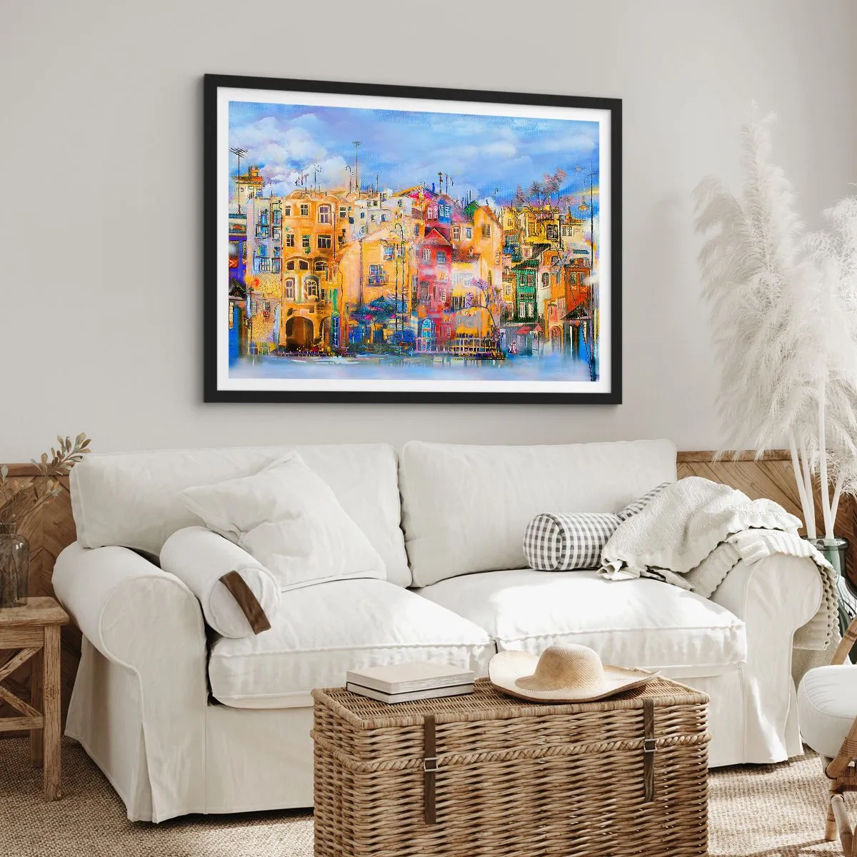 Poster in einem schwarzem Rahmen - Farbenfrohe Stadtgebäude im künstlerischen Stil - 70x50cm - Wir sind zusammen - Moderne Wanddekoration für Wohnzimmer und Schlafzimmer ARTTOR