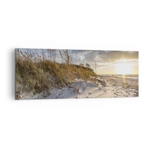 Bild auf Leinwand - Leinwandbild - Dünen mit Gras und Fußspuren im Sand bei Sonnenuntergang - 140x50cm - Einladung zu einem Spaziergang - Moderne Wanddekoration für Wohnzimmer und Schlafzimmer ARTTOR