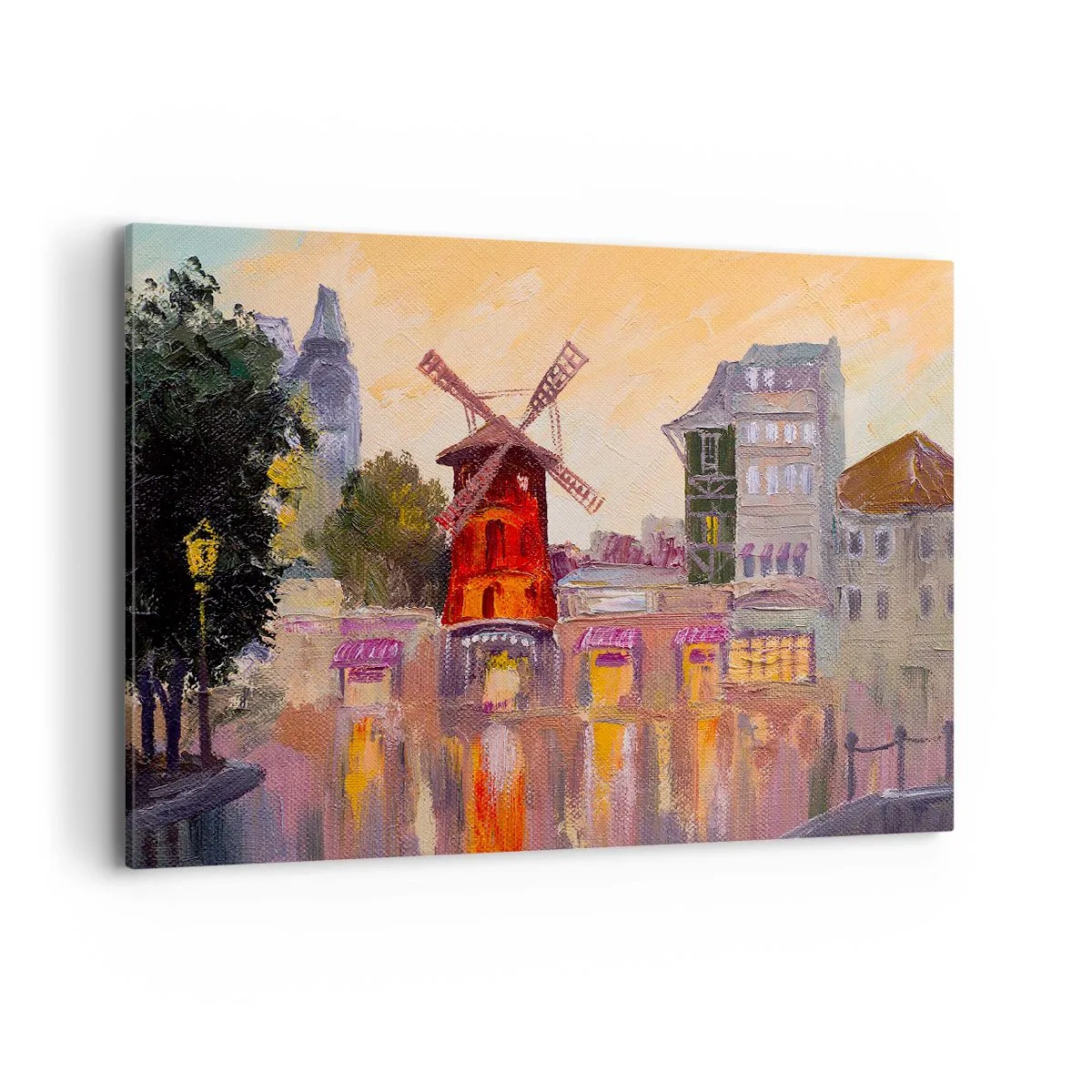 Bild auf Leinwand - Leinwandbild - Die rote Windmühle des Moulin Rouge, umgeben von der Stadtlandschaft - 120x80cm - Pariser Ikonen – Moulin Rouge - Moderne Wanddekoration für Wohnzimmer und Schlafzimmer ARTTOR