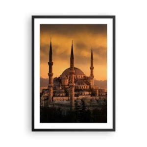 Poster in einem schwarzem Rahmen - Moschee bei Sonnenuntergang mit warmen Farben - 50x70cm - Gott ist großartig - Moderne Wanddekoration für Wohnzimmer und Schlafzimmer ARTTOR