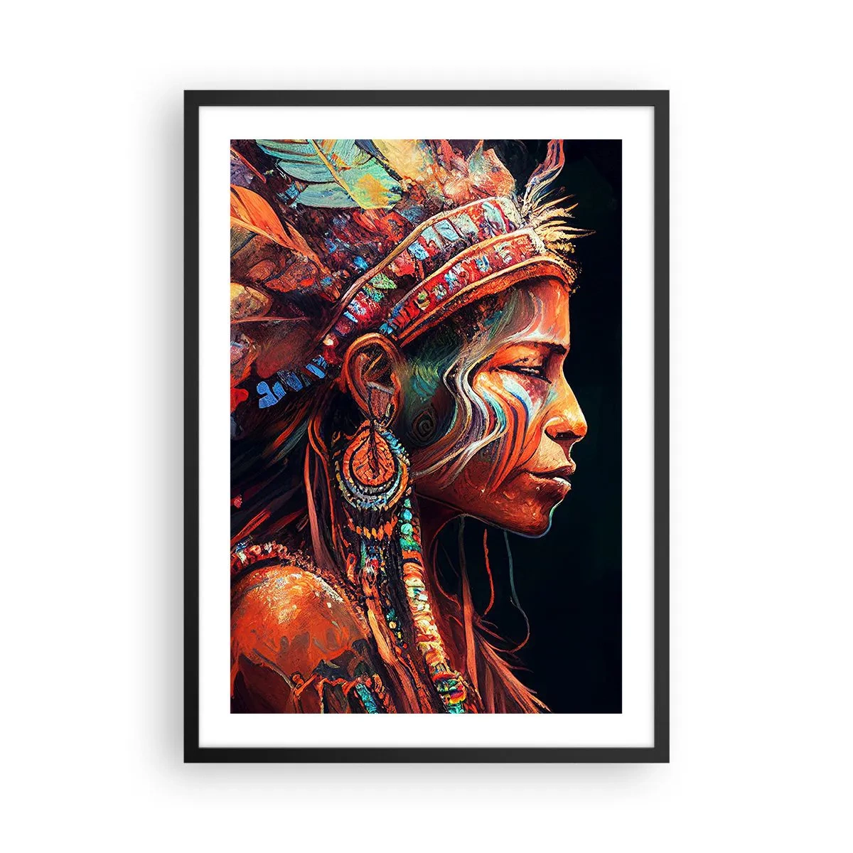 Poster in einem schwarzem Rahmen - Porträt einer Frau mit traditionellem Federkopfschmuck - 50x70cm - Magisches Ritual - Moderne Wanddekoration für Wohnzimmer und Schlafzimmer ARTTOR