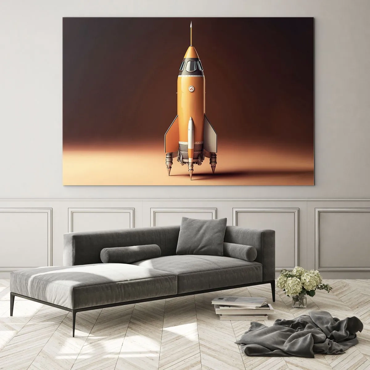 Glasbild - Bild auf glas - Eine orangefarbene Rakete vor einem sanften hellen Hintergrund - 100x70cm - Es beginnt mit einem Traum - Moderne Wanddekoration für Wohnzimmer und Schlafzimmer ARTTOR
