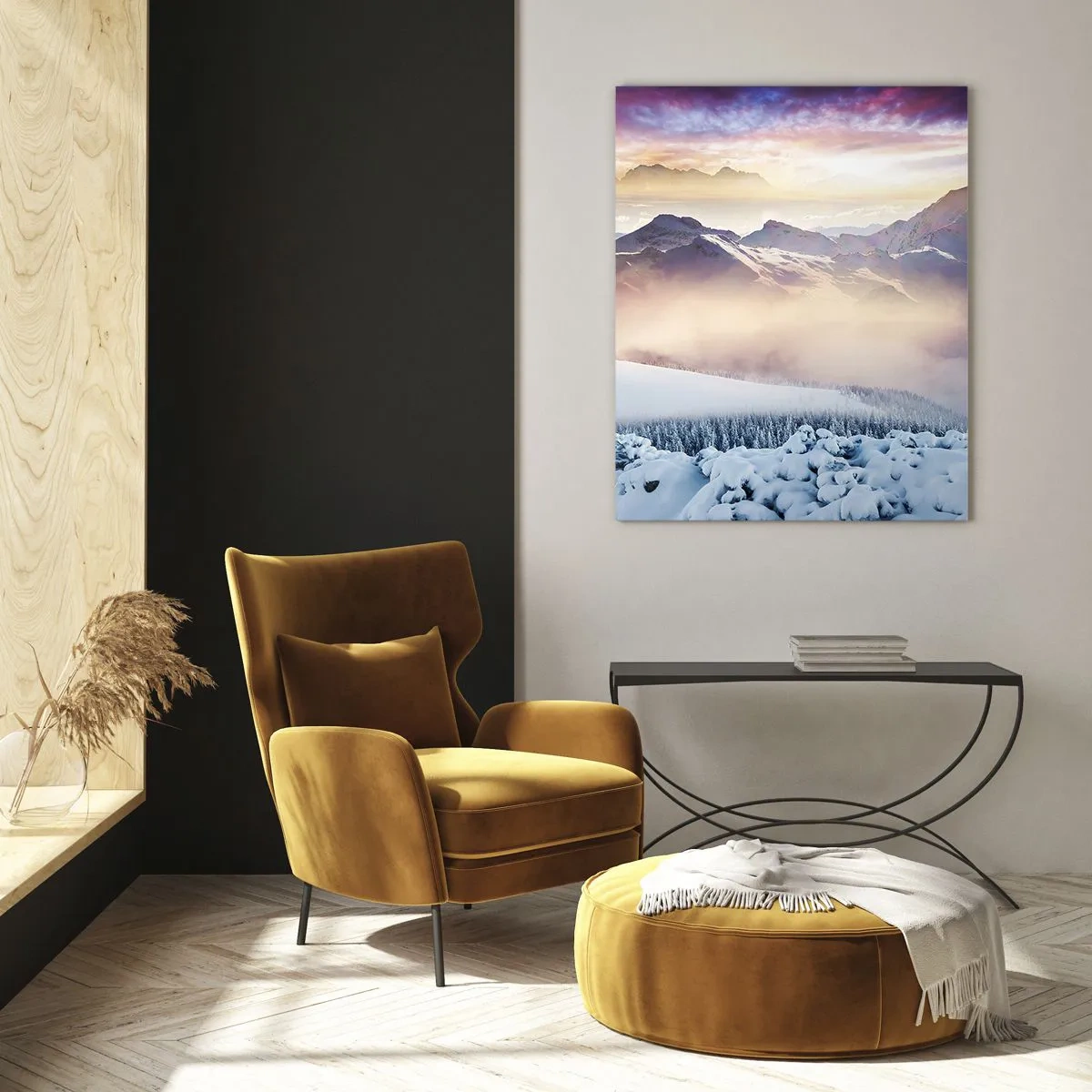 Glasbild - Bild auf glas - Schneebedeckte Berge im Morgengrauen mit einem farbenfrohen Himmel - 70x100cm - Die Kraft und Reinheit der Natur - Moderne Wanddekoration für Wohnzimmer und Schlafzimmer ARTTOR