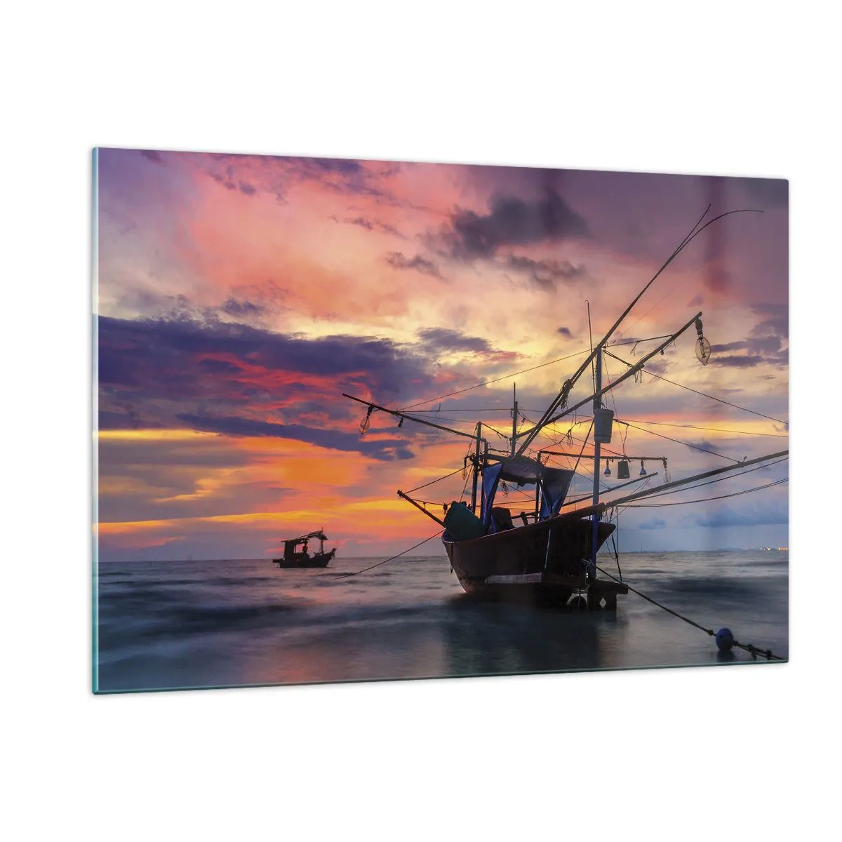 Glasbild - Bild auf glas - Fischerboote auf dem Meer bei Sonnenuntergang - 120x80cm - Exotischer Abend - Moderne Wanddekoration für Wohnzimmer und Schlafzimmer ARTTOR