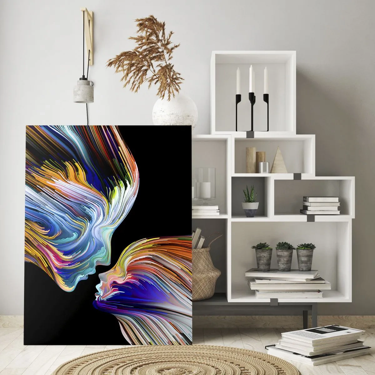 Glasbild - Bild auf glas - Bunte Silhouetten von Gesichtern in dynamischen Strömen auf schwarzem Hintergrund - 70x100cm - Eine Verschmelzung von Energie und Licht - Moderne Wanddekoration für Wohnzimmer und Schlafzimmer ARTTOR