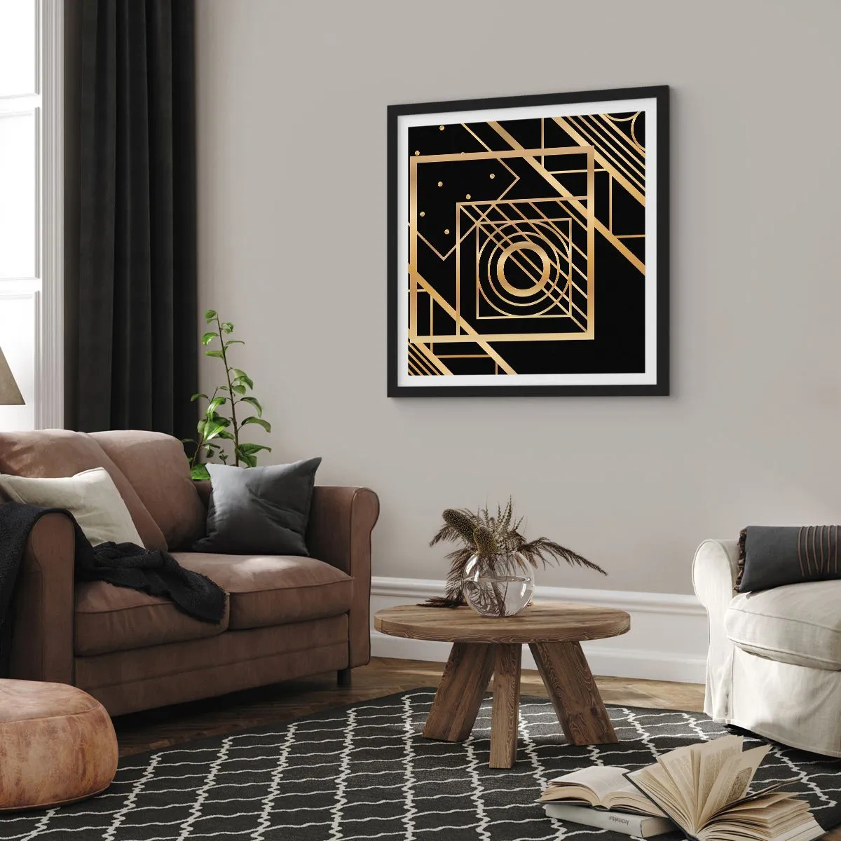 Poster in einem schwarzem Rahmen - Goldene Geometrie - 60x60 cm