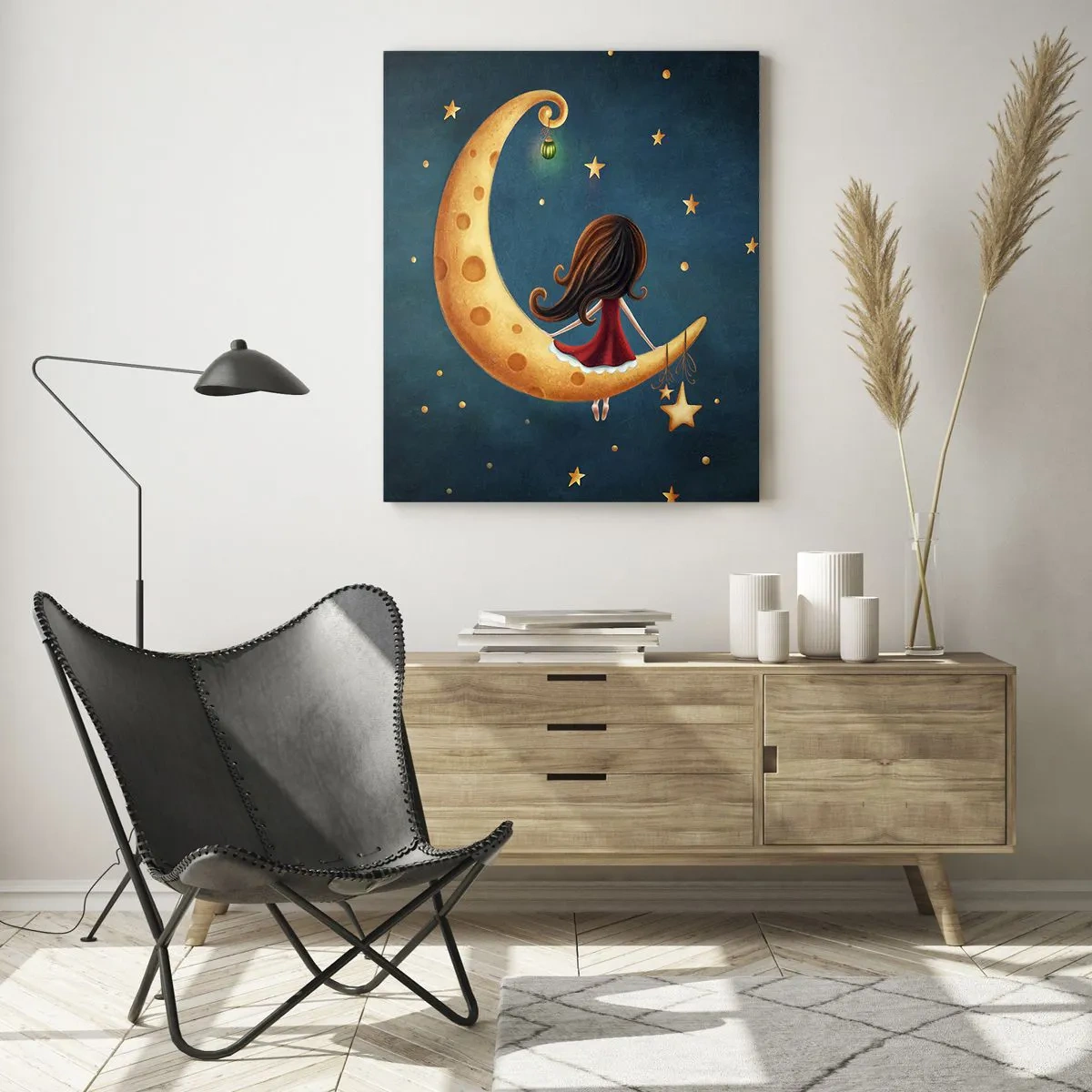Glasbild - Bild auf glas - Ein Mädchen auf dem Mond, umgeben von Sternen - 80x120cm - Einmal… - Moderne Wanddekoration für Wohnzimmer und Schlafzimmer ARTTOR