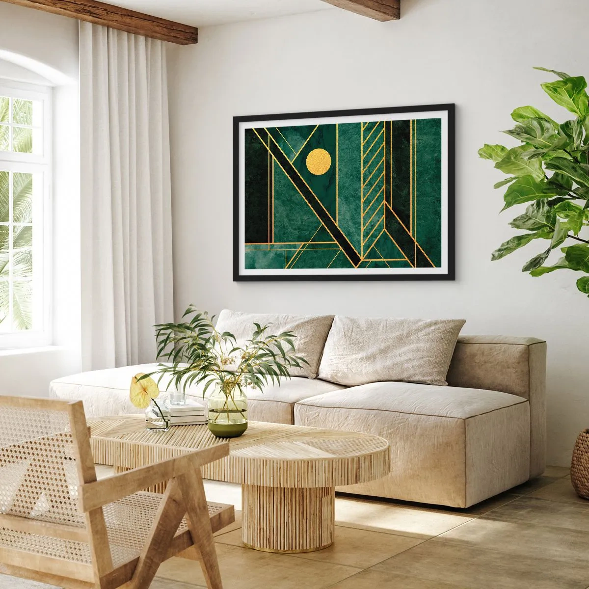 Poster in einem schwarzem Rahmen - Grünes und goldenes geometrisches Design mit elegantem Muster - 100x70cm - Dynamik von Gold und Azurblau - Moderne Wanddekoration für Wohnzimmer und Schlafzimmer ARTTOR