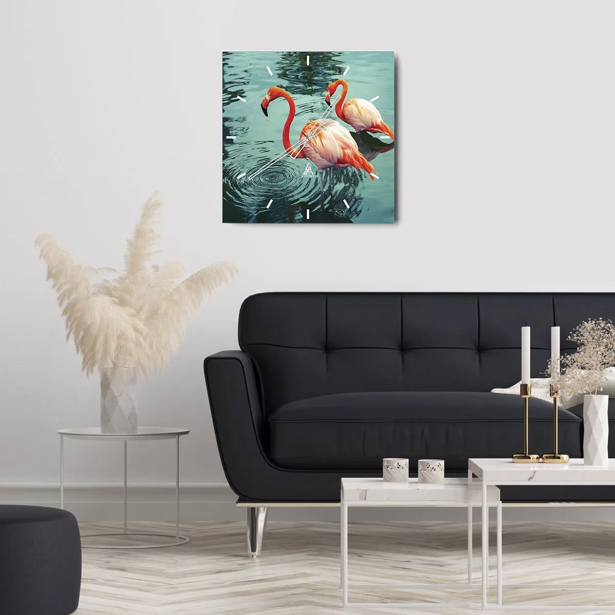 Wanduhr - Glasuhr - Zwei Flamingos im ruhigen Wasser spiegeln ihre Umgebung wider - 30x30cm - Wir sind jetzt in Mode - Moderne Wanddekoration für Wohnzimmer und Schlafzimmer ARTTOR
