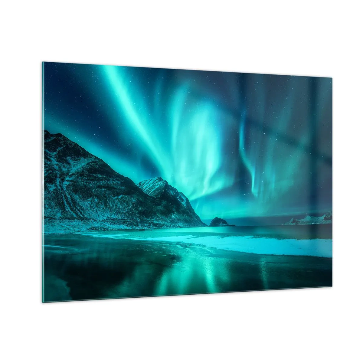 Glasbild - Bild auf glas - Aurora Borealis über einer Berglandschaft und einem gefrorenen Meer - 100x70cm - Wunder des Nordens - Moderne Wanddekoration für Wohnzimmer und Schlafzimmer ARTTOR