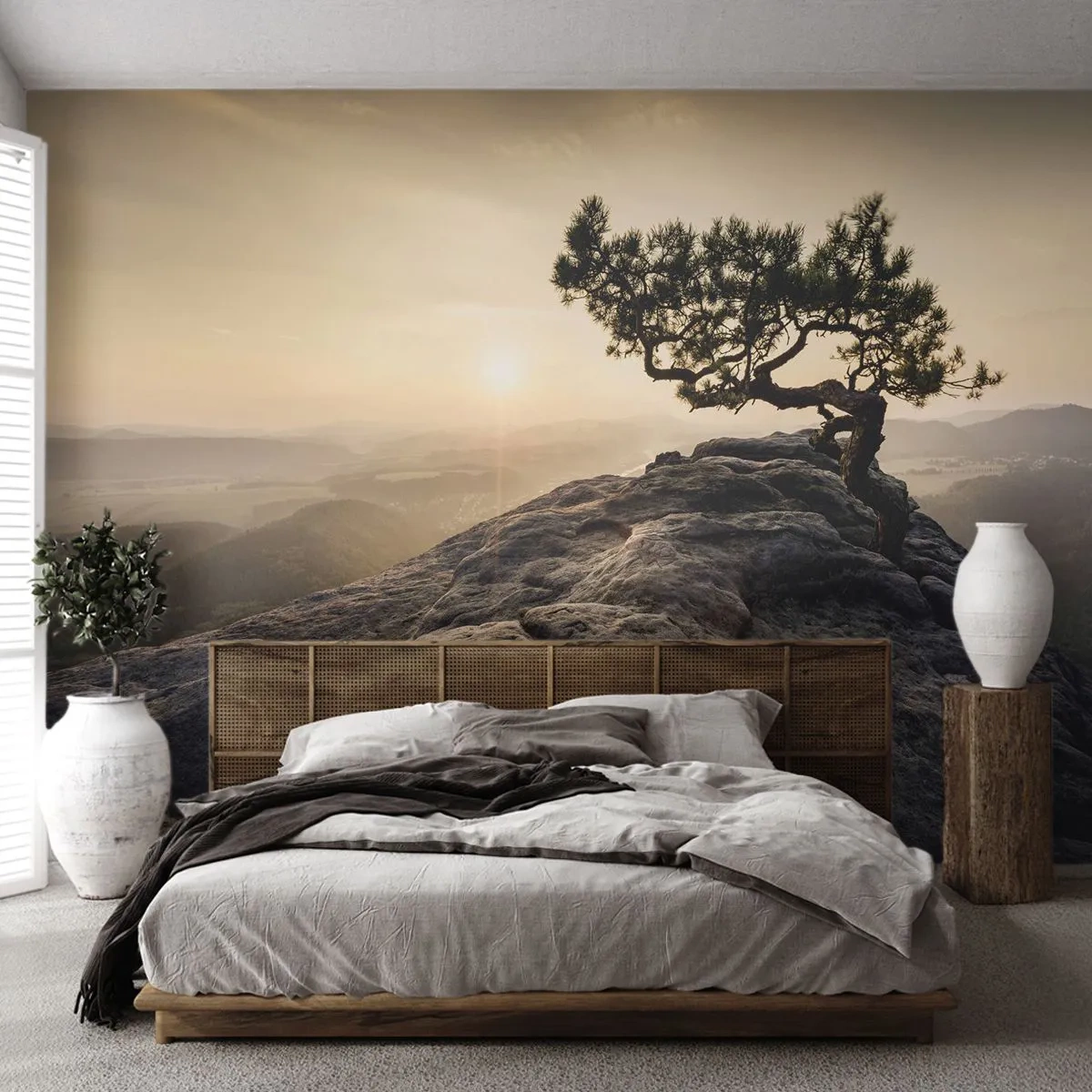 Fototapete Premium Sand - Ein einsamer Baum auf einem Felsen - 100x70cm - Das Leben gewinnt immer - Moderne Wanddekoration für Wohnzimmer und Schlafzimmer ARTTOR