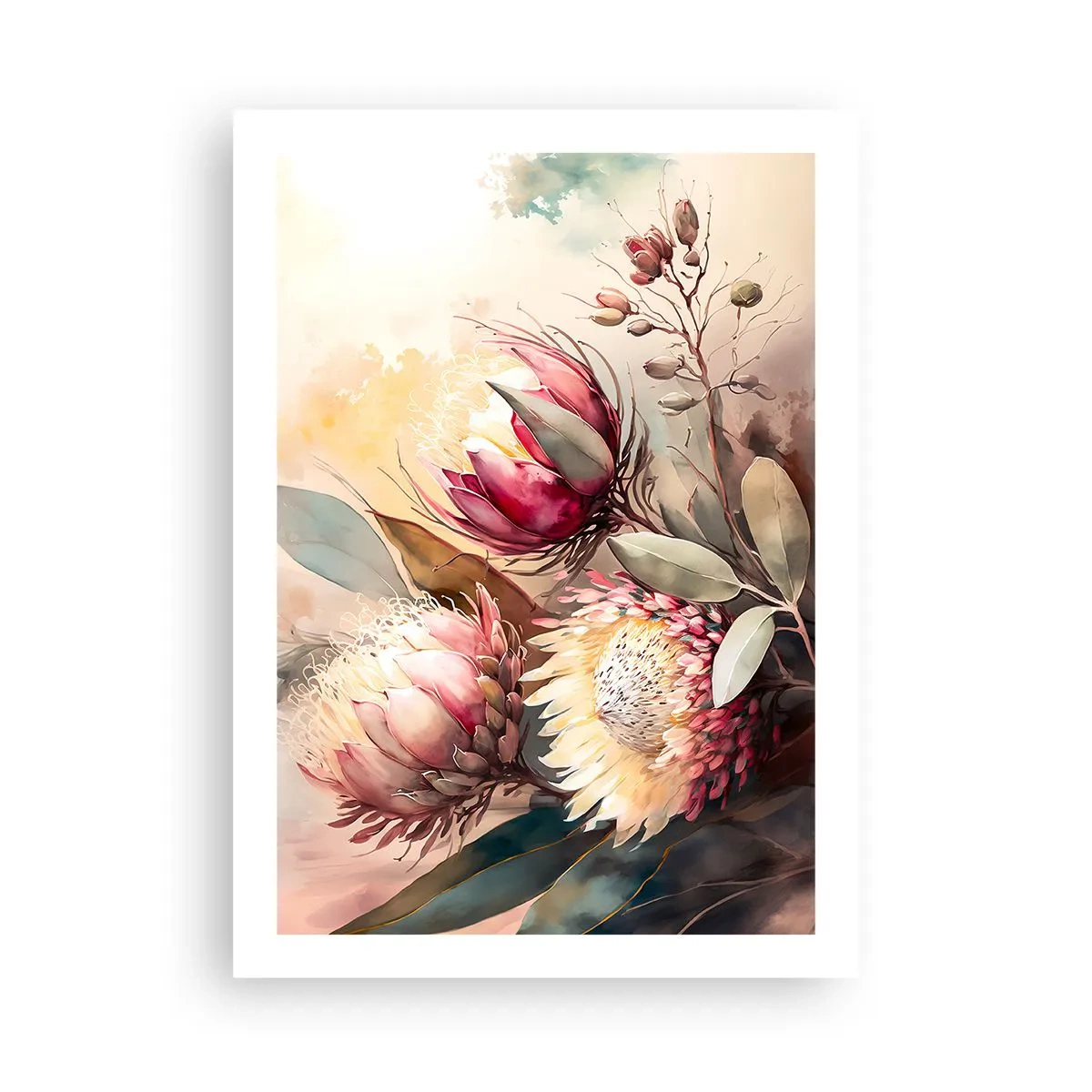 Poster - Ein Strauß Protea-Blüten in zarten Farben - 50x70cm - Im Profil und en face - Moderne Wanddekoration für Wohnzimmer und Schlafzimmer ARTTOR