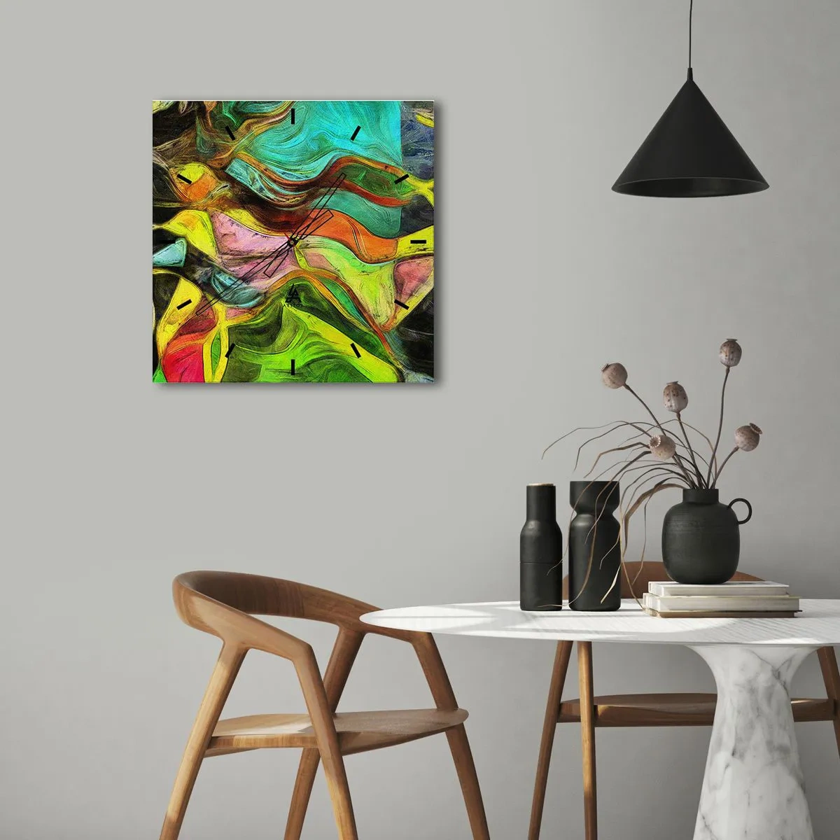 Wanduhr - Glasuhr - Eine abstrakte Komposition mit bunten Punkten und dynamischen Linien. - 30x30cm - Bewegung ist Leben - Moderne Wanddekoration für Wohnzimmer und Schlafzimmer ARTTOR