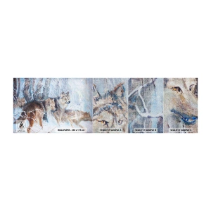 Fototapeten Muster Premium Sand - Beachtung! Hier kommt ... - Tiere, Wölfe, Wald - 100x30 cm