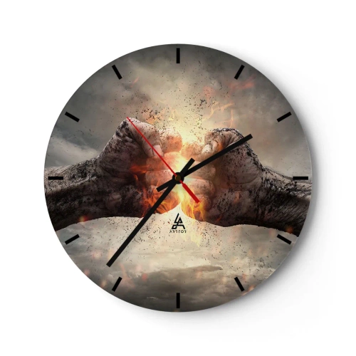 Wanduhr - Glasuhr - Zwei geballte Fäuste in Flammen - 30x30cm - Steh auf für einen Kampf - Moderne Wanddekoration für Wohnzimmer, Küche und Schlafzimmer ARTTOR