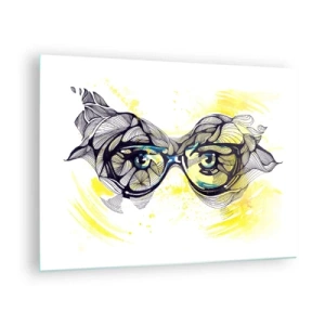 Glasbild - Bild auf glas - Brille mit kunstvollen Mustern und Augen auf gelb getöntem Hintergrund - 70x50cm - Durch blaue Brille - Moderne Wanddekoration für Wohnzimmer und Schlafzimmer ARTTOR