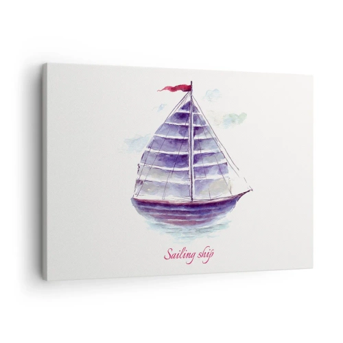 Bild auf Leinwand - Leinwandbild - Ein Aquarell eines Segelboots auf dem Wasser mit einer zarten Inschrift - 70x50cm - Volle Segel und ruhiges Wasser - Moderne Wanddekoration für Wohnzimmer und Schlafzimmer ARTTOR