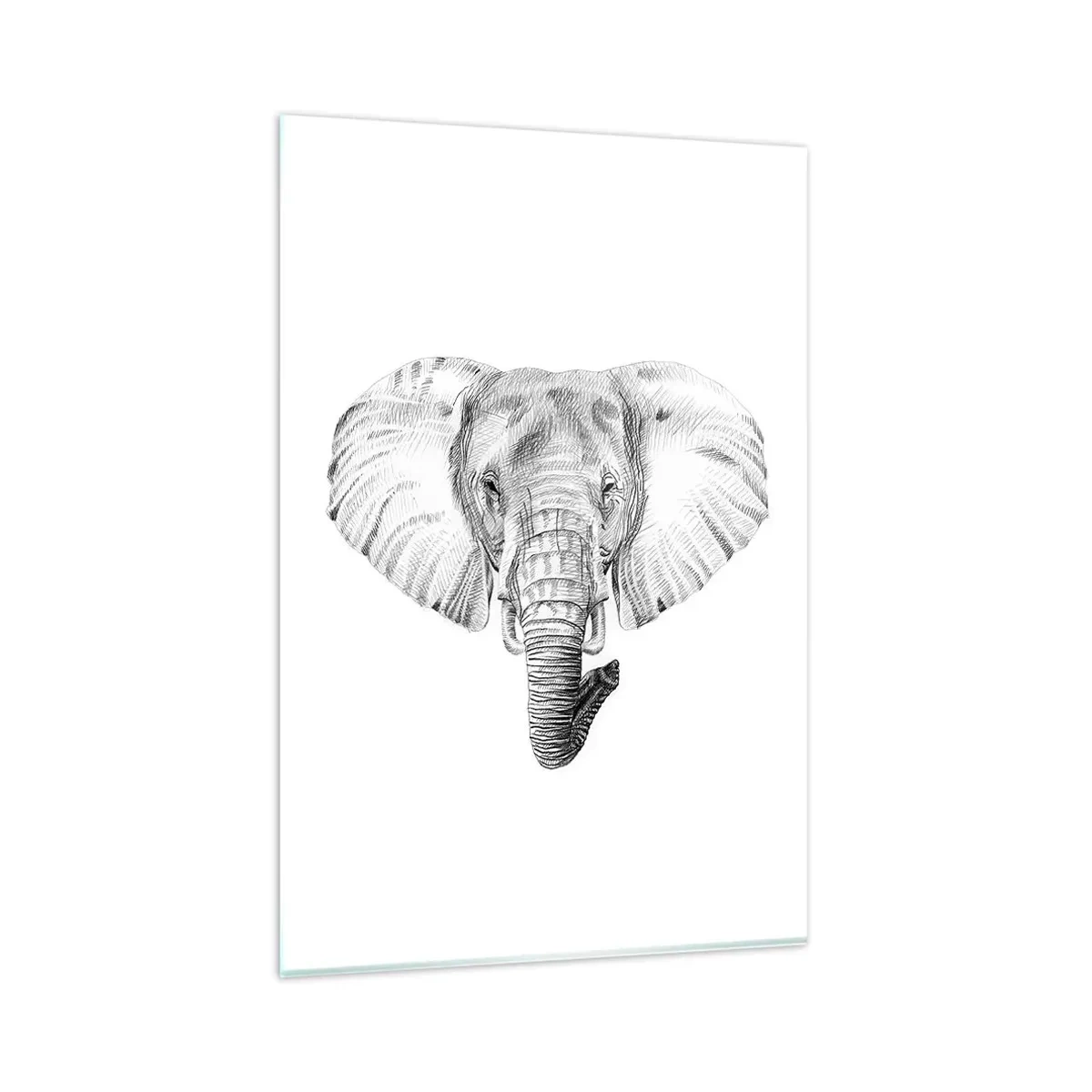 Glasbild - Bild auf glas - Schwarz-weiße Zeichnung eines Elefantenkopfes auf weißem Hintergrund - 80x120cm - Da war ein Elefant, so groß wie - ein Elefant - Moderne Wanddekoration für Wohnzimmer und Schlafzimmer ARTTOR