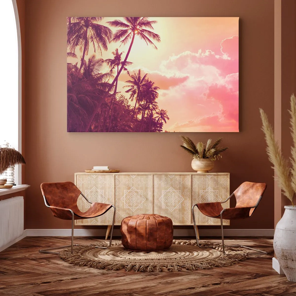Bild auf Leinwand - Leinwandbild - Palmen, beleuchtet von der untergehenden Sonne in einem tropischen Himmel - 70x50cm - Du musst auswählen - Moderne Wanddekoration für Wohnzimmer und Schlafzimmer ARTTOR