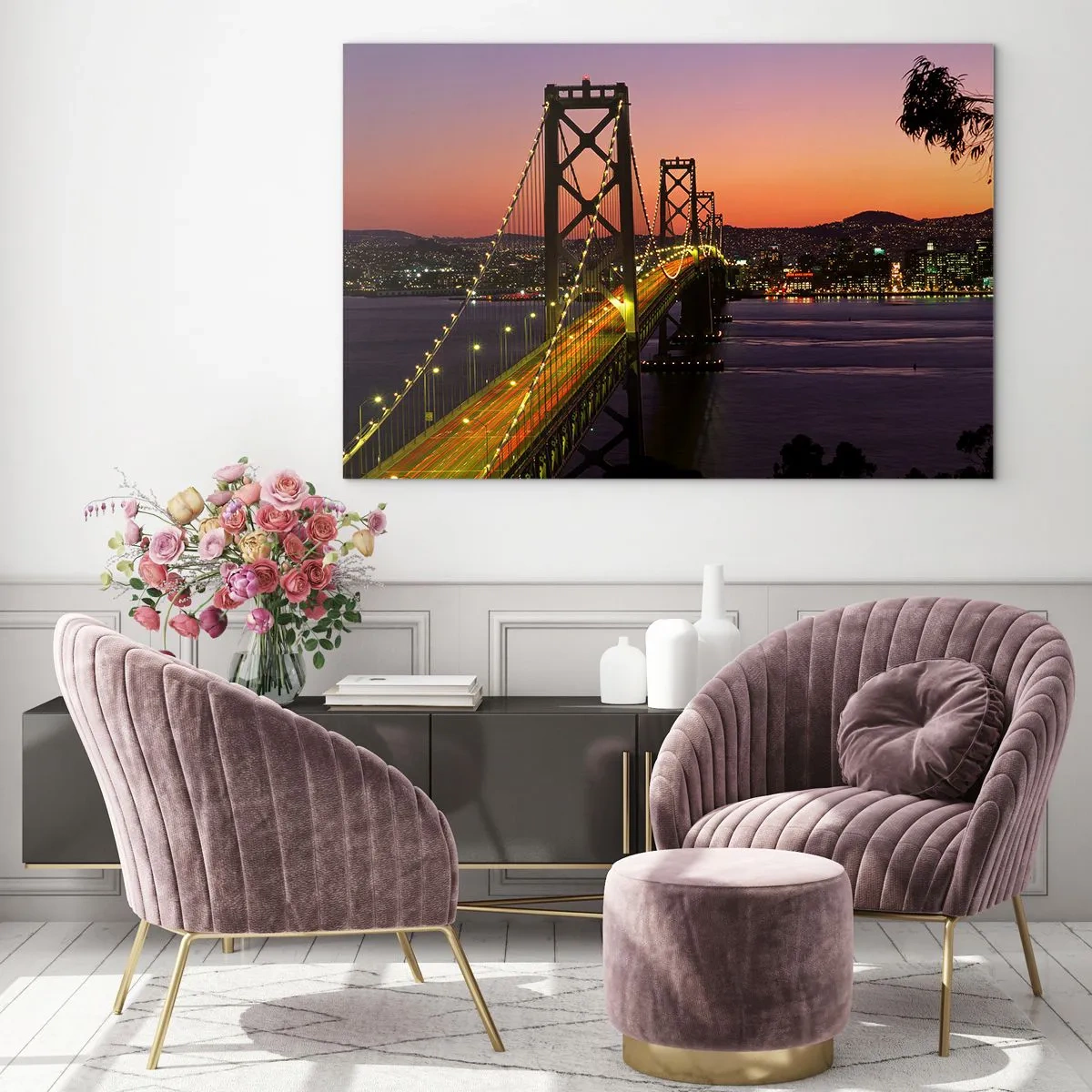 Glasbild - Bild auf glas - Die Brücke bei Nacht in der Stadt und Sonnenuntergangslicht - 70x50cm - Violetter Abend - Moderne Wanddekoration für Wohnzimmer und Schlafzimmer ARTTOR
