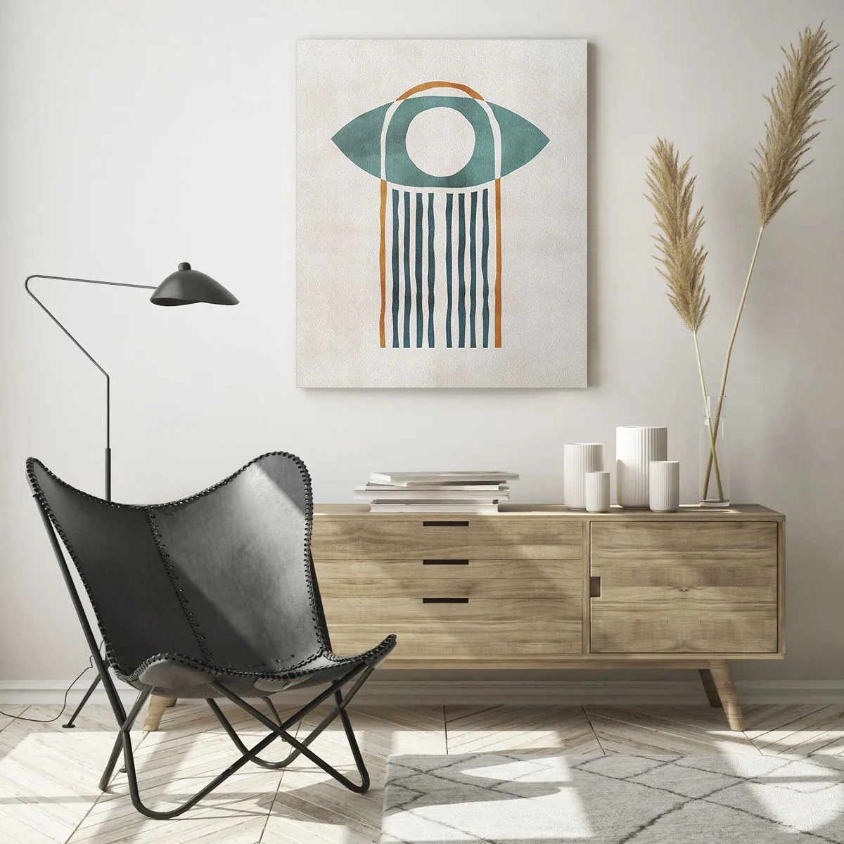 Glasbild - Bild auf glas - Geometrische Form mit einem Kreis und Linien in Grün- und Rottönen. - 50x70cm - Zeichen und Rituale - Moderne Wanddekoration für Wohnzimmer und Schlafzimmer ARTTOR
