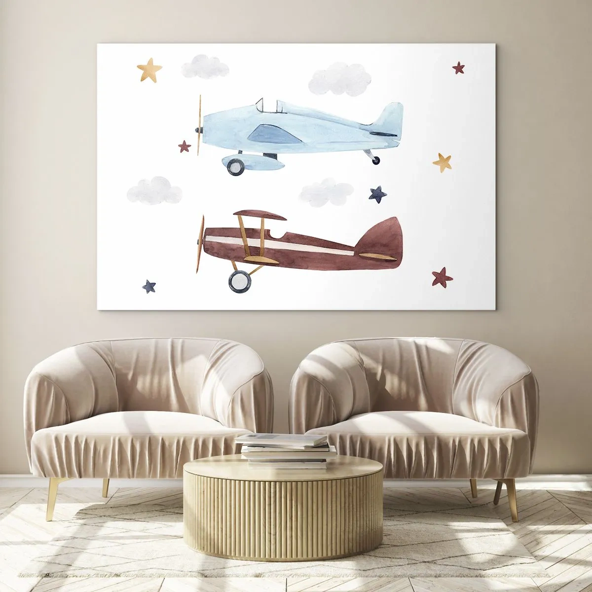 Glasbild - Bild auf glas - Zwei bunte Flugzeuge zwischen Sternen und Wolken - 70x50cm - Wir warten, Herr Pilot! - Moderne Wanddekoration für Wohnzimmer und Schlafzimmer ARTTOR
