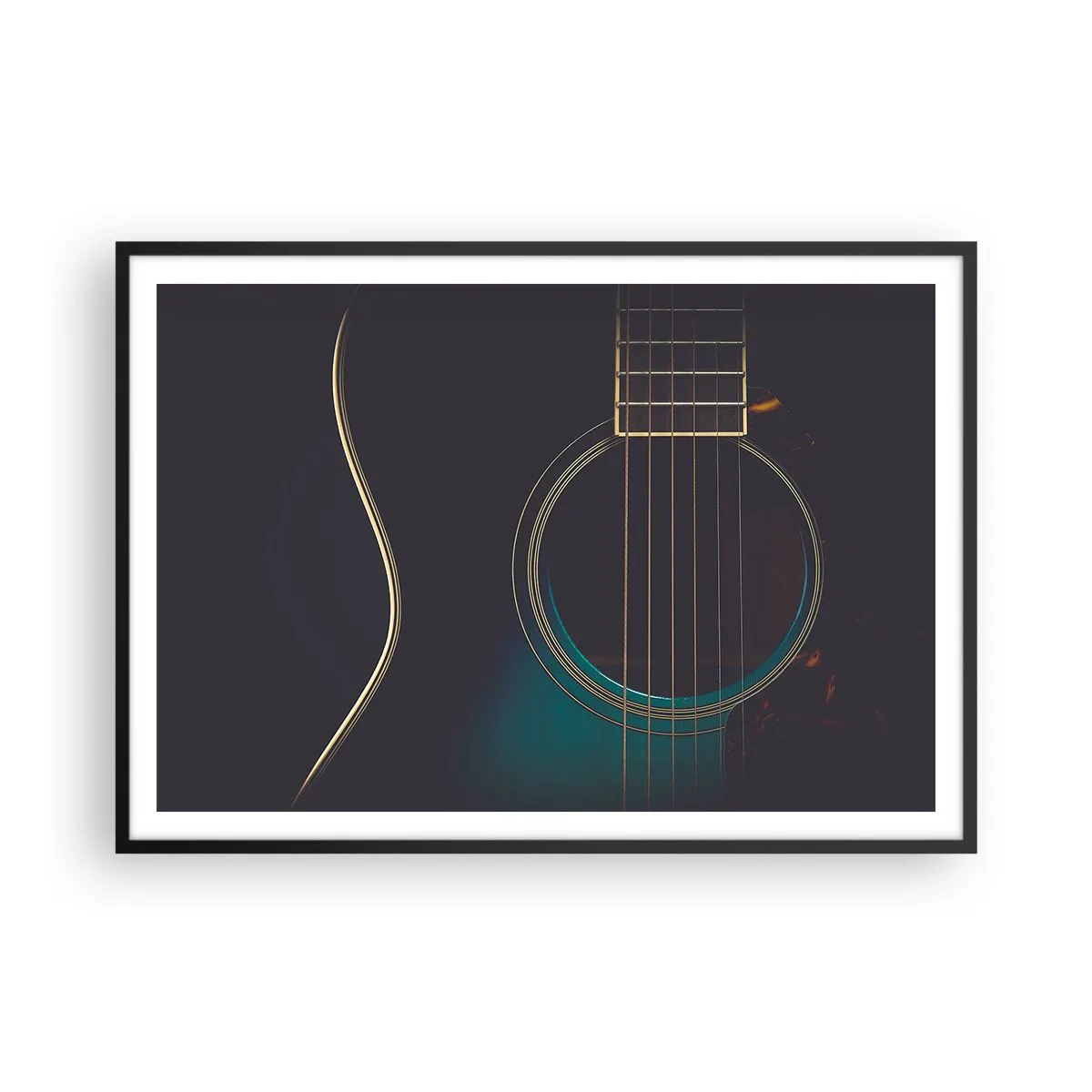 Poster in einem schwarzem Rahmen - Akustikgitarre in dunklem, elegantem Licht - 100x70cm - Einen Moment bevor es ertönt - Moderne Wanddekoration für Wohnzimmer und Schlafzimmer ARTTOR