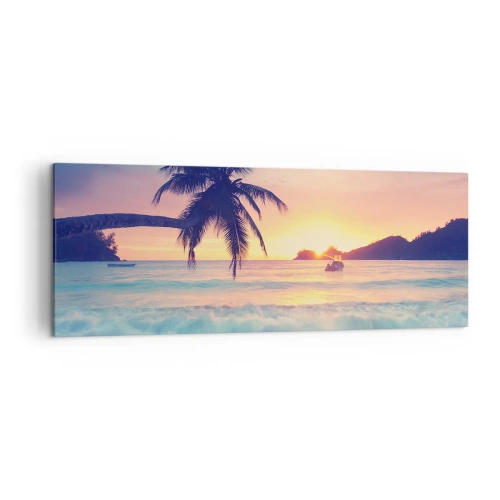Bild auf Leinwand - Leinwandbild - Strand mit Palmen und Sonnenuntergang über dem Meer - 140x50cm - Ein Abend in der Bucht - Moderne Wanddekoration für Wohnzimmer und Schlafzimmer ARTTOR
