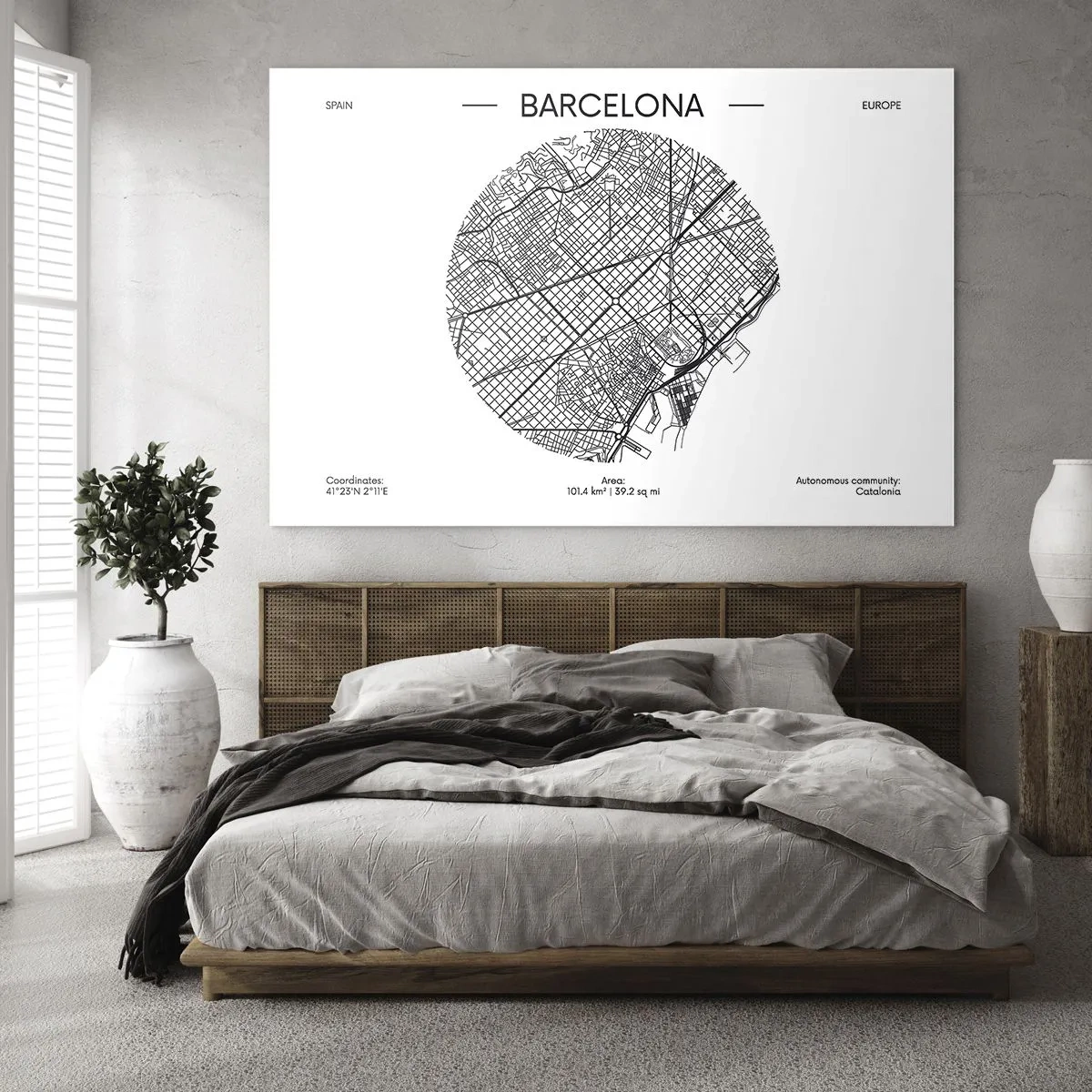 Glasbild - Bild auf glas - Eine minimalistische Karte von Barcelona in Schwarz-Weiß-Ästhetik - 120x80cm - Anatomie von Barcelona - Moderne Wanddekoration für Wohnzimmer und Schlafzimmer ARTTOR