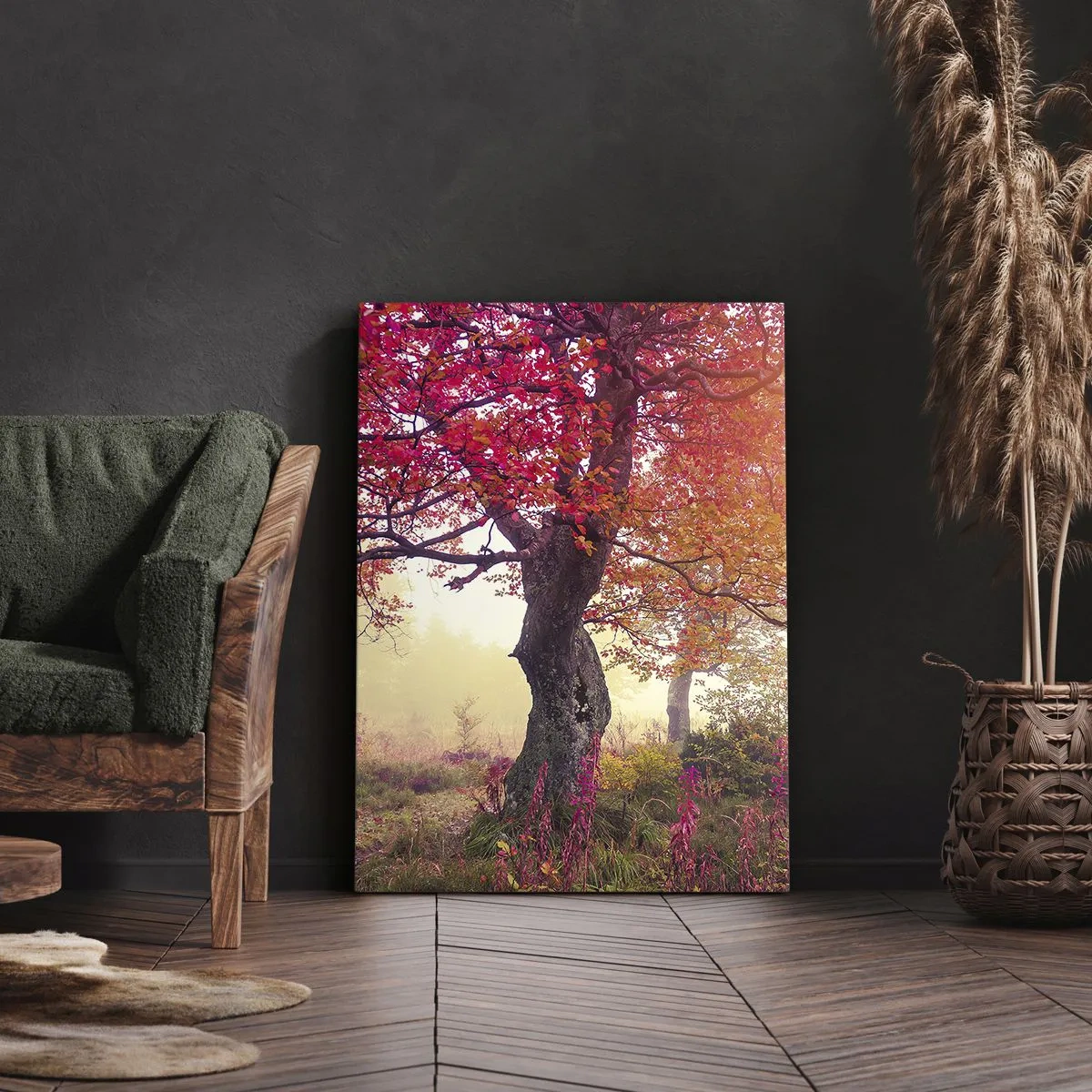 Bild auf Leinwand - Leinwandbild - Herbstlandschaft mit Bäumen in intensiven Farben - 70x100cm - Blühende Raserei - Moderne Wanddekoration für Wohnzimmer und Schlafzimmer ARTTOR