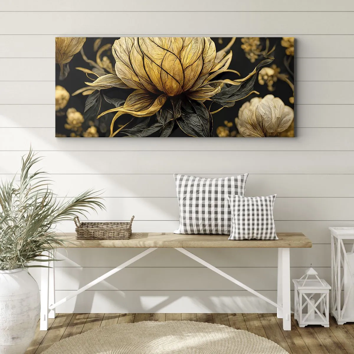 Bild auf Leinwand - Leinwandbild - Goldene Blume auf dunklem Hintergrund - 140x50cm - Subtile Zerbrechlichkeit - Moderne Wanddekoration für Wohnzimmer und Schlafzimmer ARTTOR