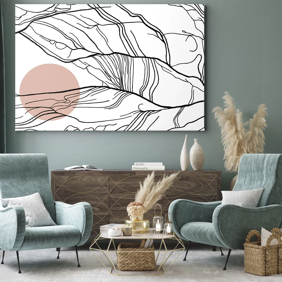 Bild auf Leinwand - Leinwandbild - Minimalistische Linien mit geometrischem Akzent - 70x50cm - In einem Netz aus Zweigen - Moderne Wanddekoration für Wohnzimmer und Schlafzimmer ARTTOR