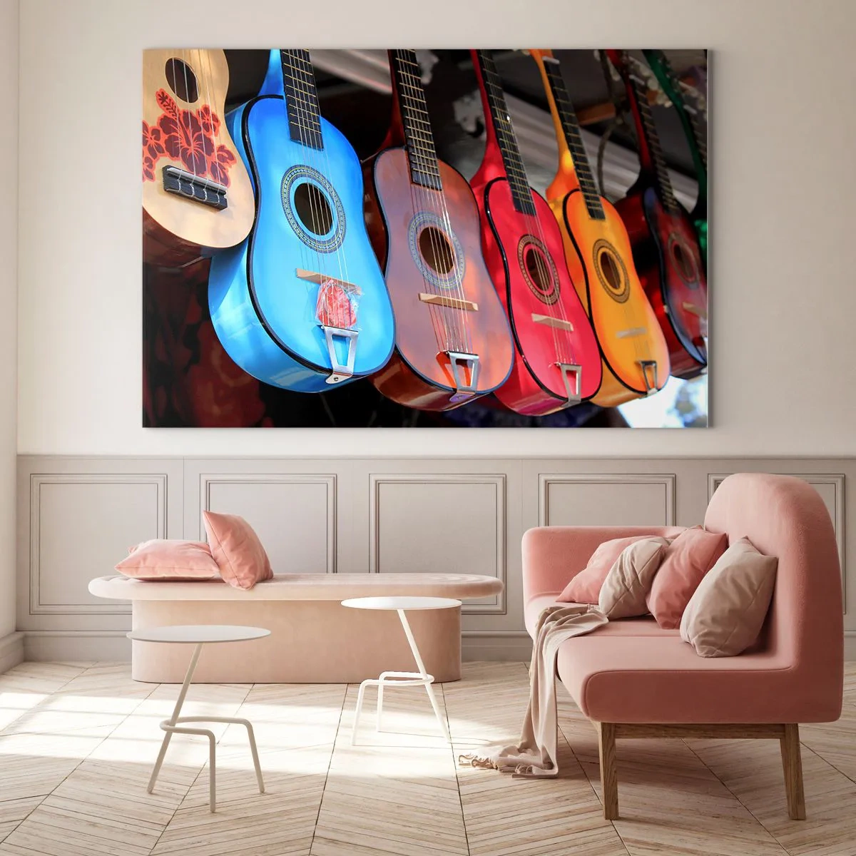 Glasbild - Bild auf glas - Bunte Gitarren hängen in einer Reihe auf dem Display - 100x70cm - Lateinische Atmosphäre - Moderne Wanddekoration für Wohnzimmer und Schlafzimmer ARTTOR