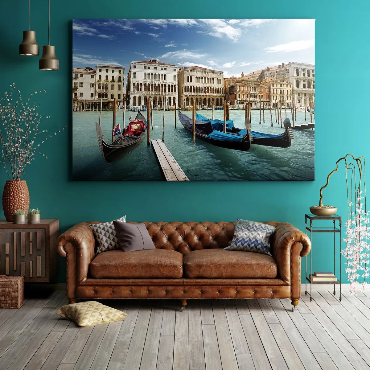 Bild auf Leinwand - Leinwandbild - Venedig mit Gondeln und Palästen gegen den Himmel - 120x80cm - Paläste in Blau - Moderne Wanddekoration für Wohnzimmer und Schlafzimmer ARTTOR