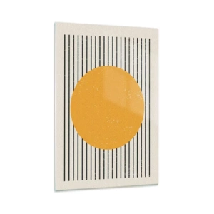 Glasbild - Bild auf glas - Ein gelber Kreis auf einem Hintergrund aus schwarzen und weißen horizontalen Linien - 80x120cm - Die Kraft der Einfachheit - Moderne Wanddekoration für Wohnzimmer und Schlafzimmer ARTTOR