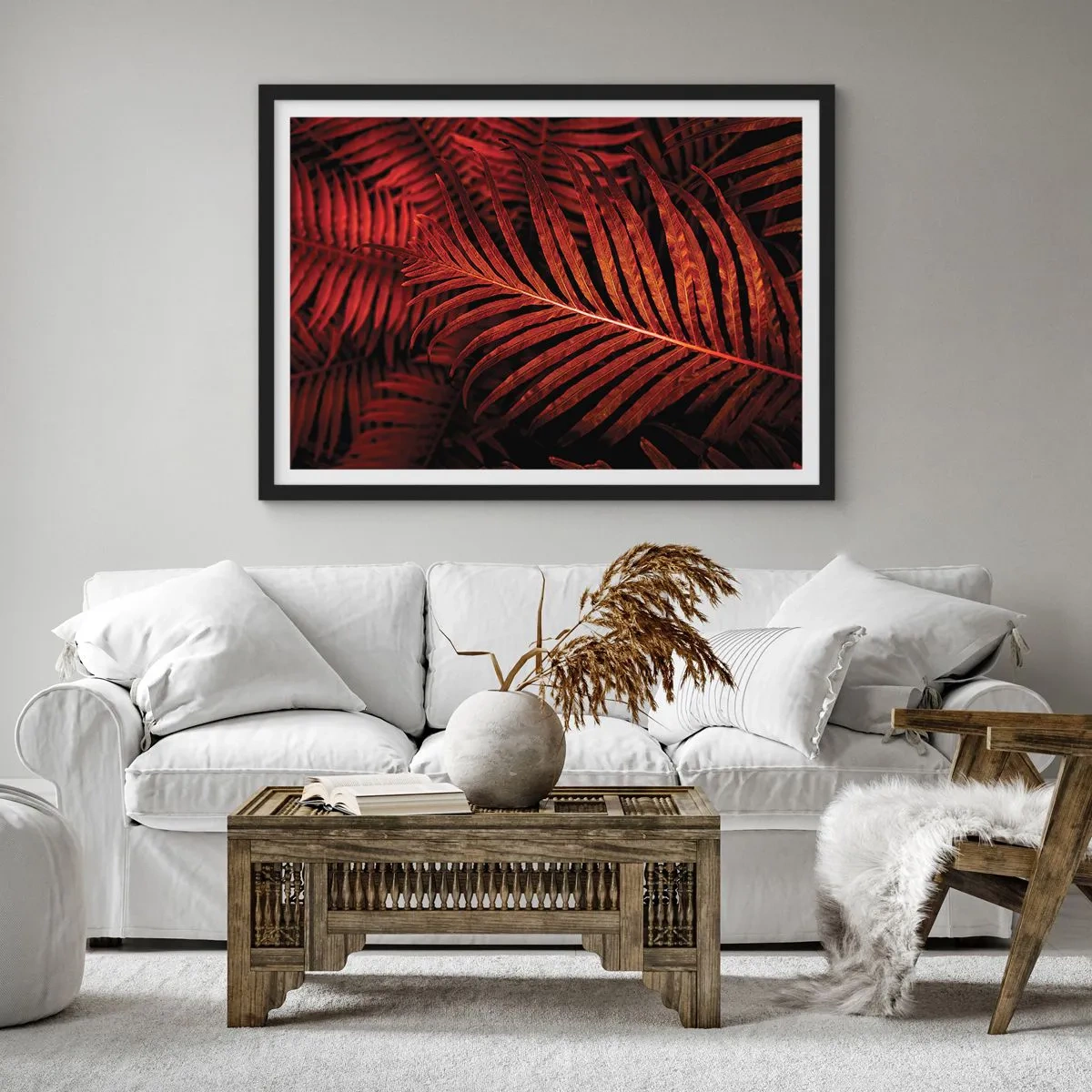 Poster in einem schwarzem Rahmen - Nahaufnahme von roten tropischen Blättern - 100x70cm - Die Hitze des Lebens - Moderne Wanddekoration für Wohnzimmer und Schlafzimmer ARTTOR
