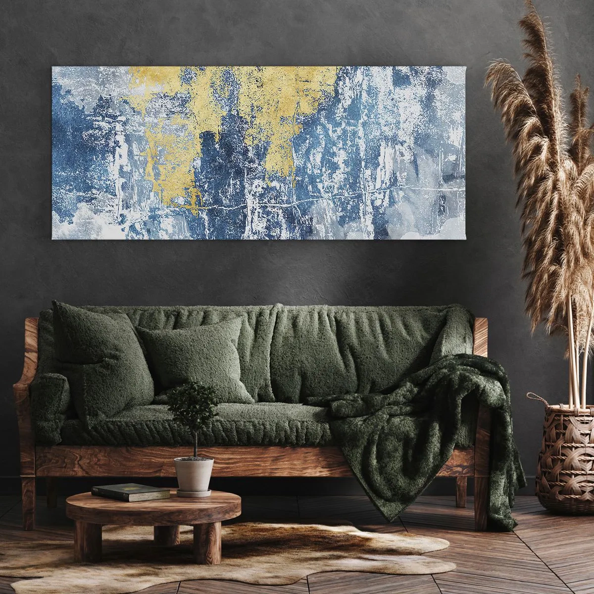 Bild auf Leinwand - Leinwandbild - Abstraktion in Blau- und Gelbtönen - 140x50cm - Abstraktion voller Wetter - Moderne Wanddekoration für Wohnzimmer und Schlafzimmer ARTTOR