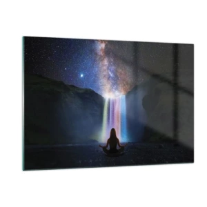 Glasbild - Bild auf glas - Meditation vor einem farbenfrohen Wasserfall bei Nacht - 120x80cm - Absolute Harmonie - Moderne Wanddekoration für Wohnzimmer und Schlafzimmer ARTTOR
