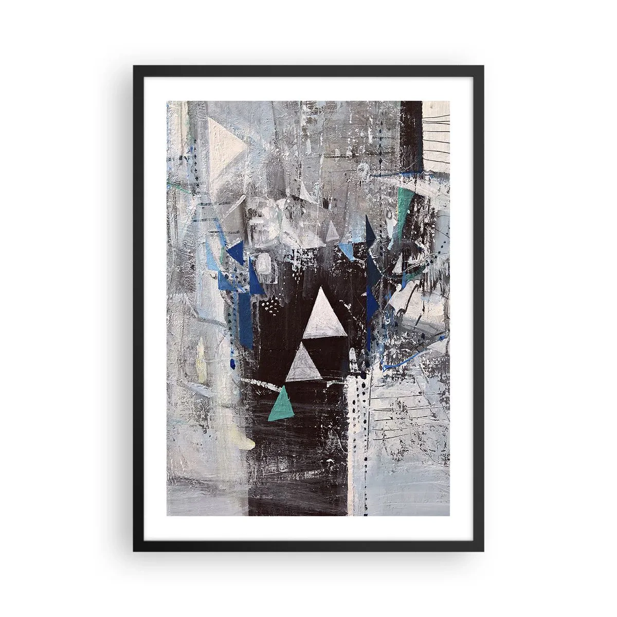 Poster in einem schwarzem Rahmen - Abstrakte geometrische Komposition in Grau- und Blautönen - 50x70cm - Überschreibende Reihenfolge der Dreiecke - Moderne Wanddekoration für Wohnzimmer und Schlafzimmer ARTTOR