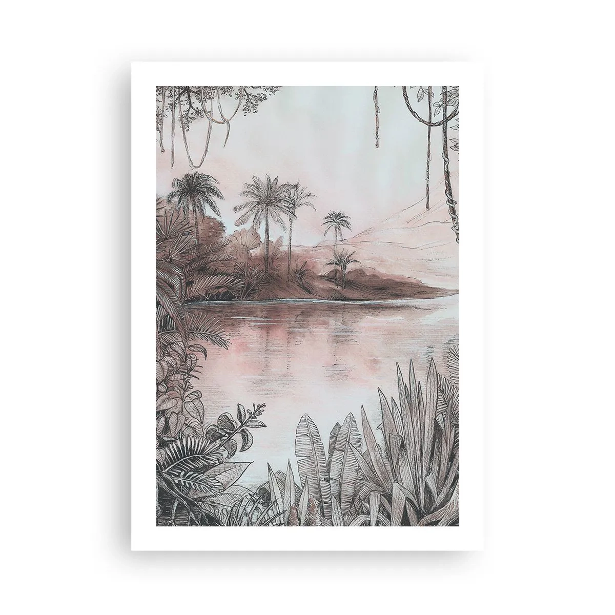Poster - Exotische Landschaft am Wasser - 50x70cm - Tagebuch eines Entdeckers aus dem 19. Jahrhundert - Moderne Wanddekoration für Wohnzimmer und Schlafzimmer ARTTOR